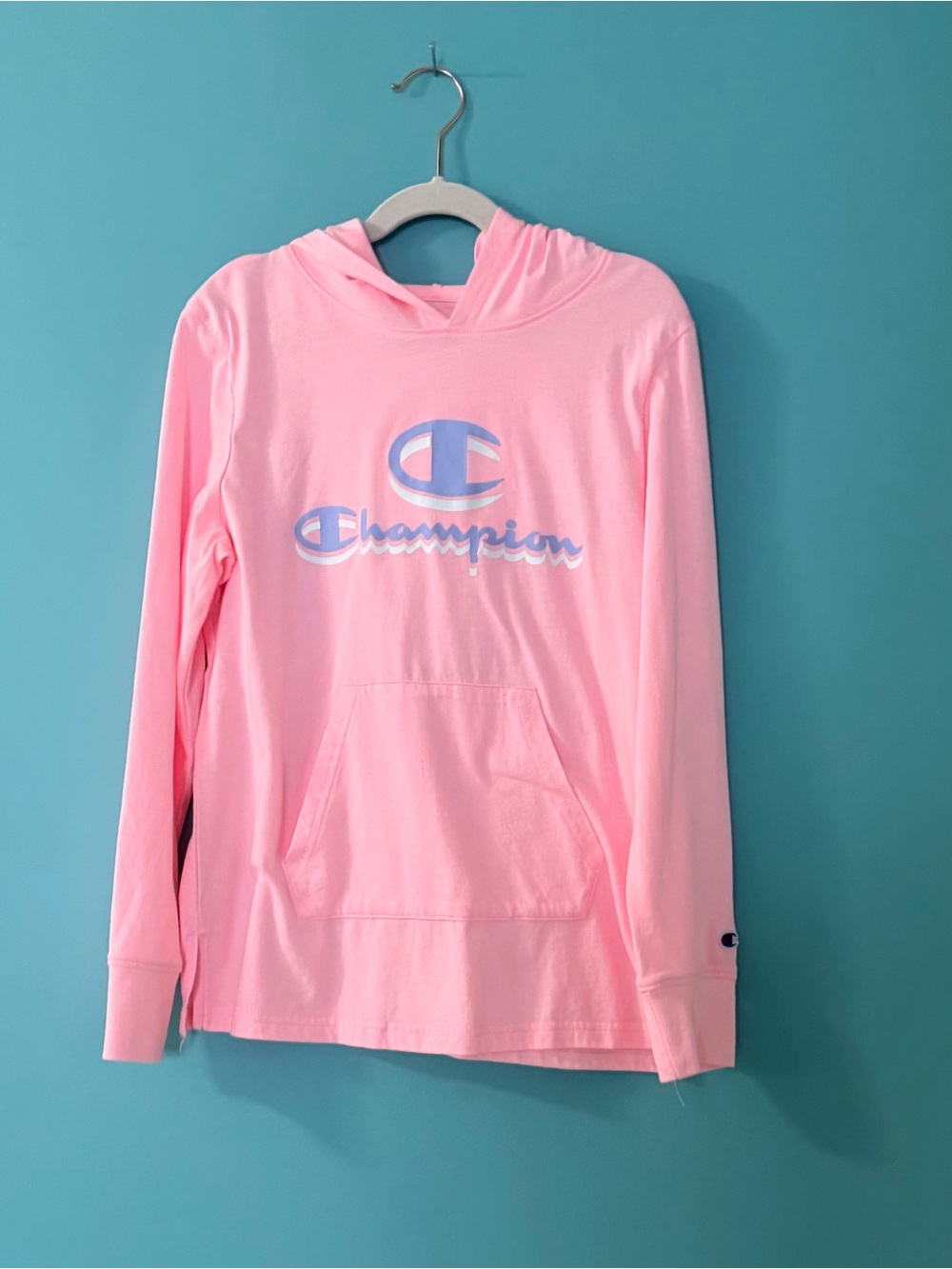 Champion Kids Pink Hoodie with Blue Logo Size XL